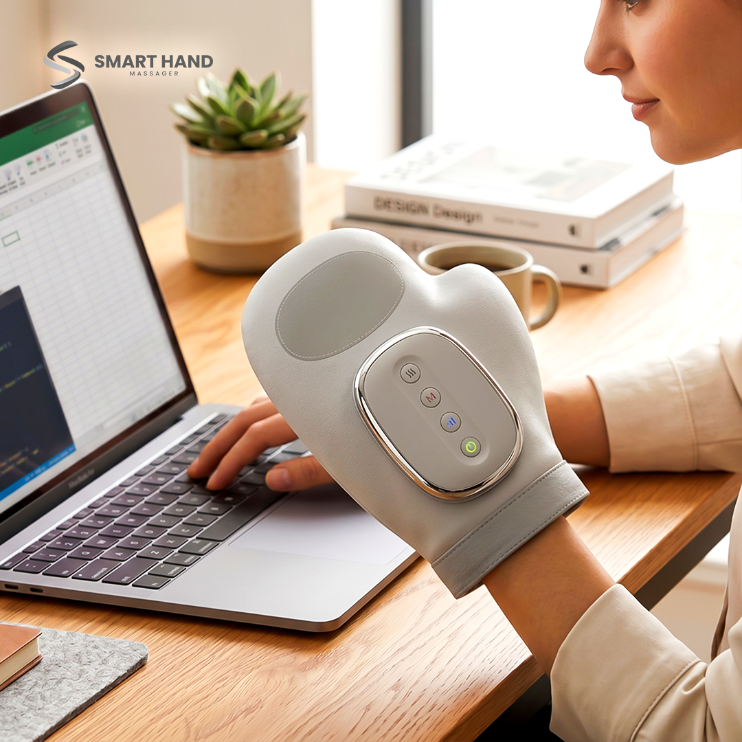 Someone wearing a smart hand massager whiles working